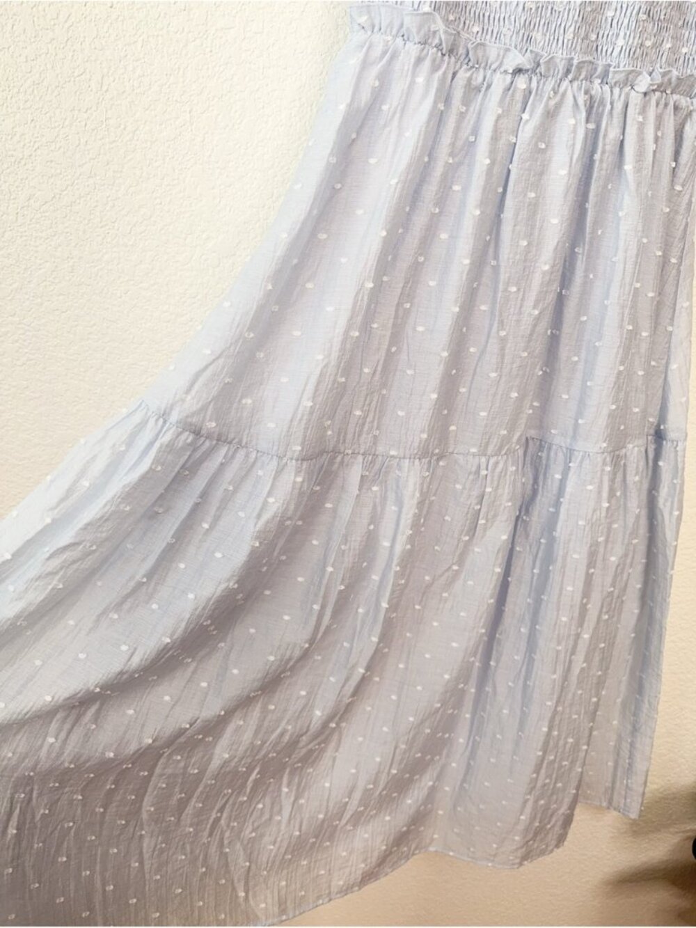NEW Moon River Porter Clip Dot Ruffle Detail Smocked Midi Dress in Light Blue - Picture 4 of 9